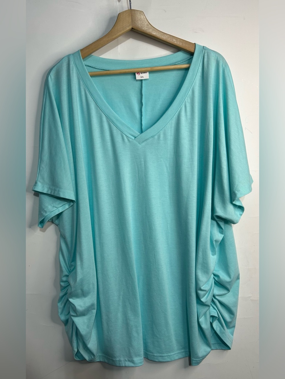 Wiholl V-Neck Light Blue Ruched Side T-Shirt 3XL